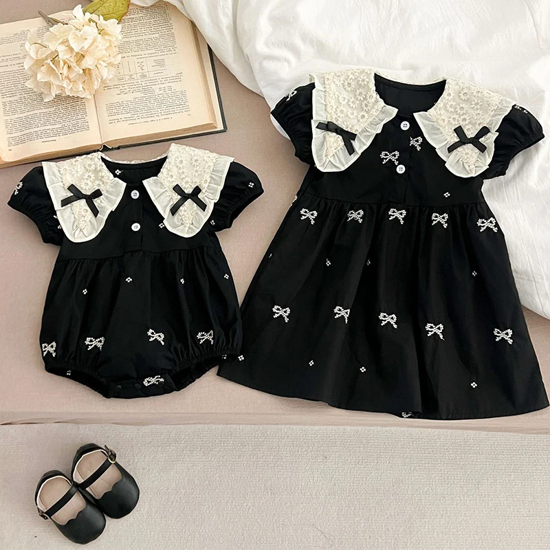 0-6Y Kids Party Dress Sisters Clothes Summer Embroidered Bow Toddler Baby Bodysuits Cotton Sisters Clothes Girls Princess Dress