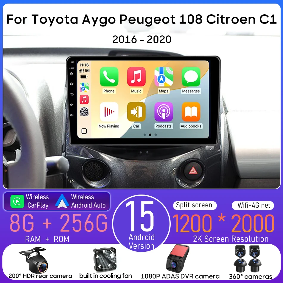 

Android для Toyota Aygo Peugeot 108 Citroen C1 2016-2020 Автомобильный мультимедийный плеер Навигация CarPlay Радио Стерео GPS Авто 2din