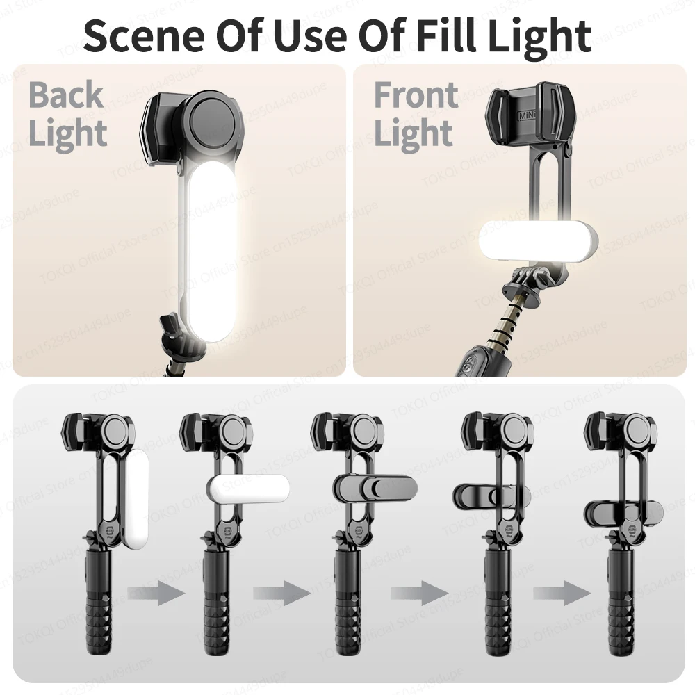 TOKQI يده مثبت أفقي ترايبود تمديد القطب Selfie عصا للهاتف المحمول مع ضوء ملء قابل للفصل ، وظيفة التحكم عن بعد
