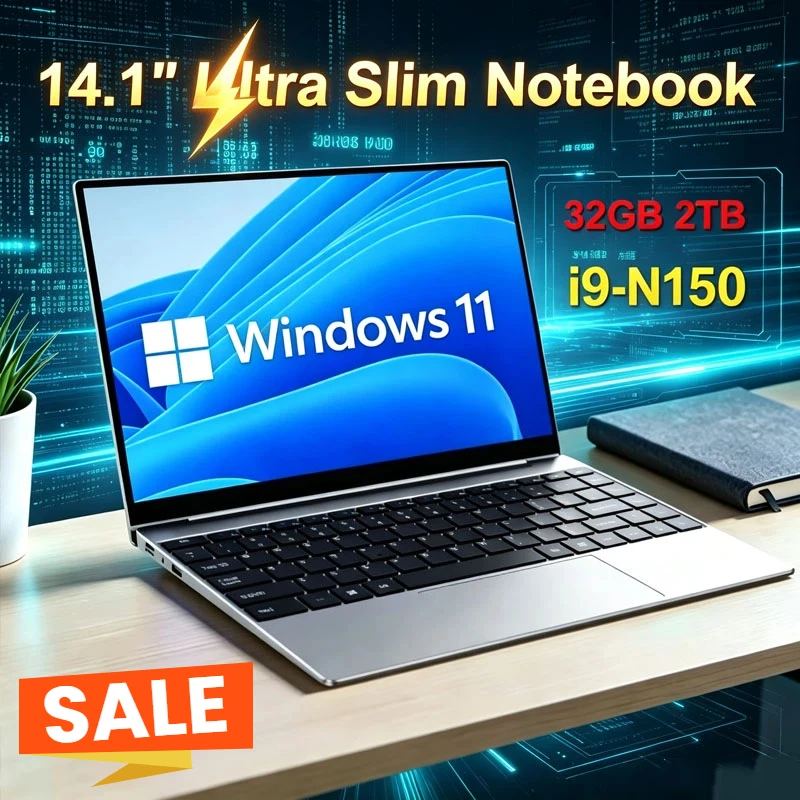 14.1 Inch Ultra Slim Laptop Intel Core I9-N150 32GB 2TB Gaming Computer PC Windows11 Gamer Office Ultra Slim Notebook 1080P HD