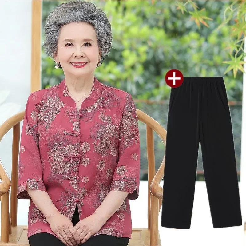 

Women's Chinese Style Floral Print Seven-Point Sleeve Shirt Two-Piece Set For Elderly Grandma Summer Outfit