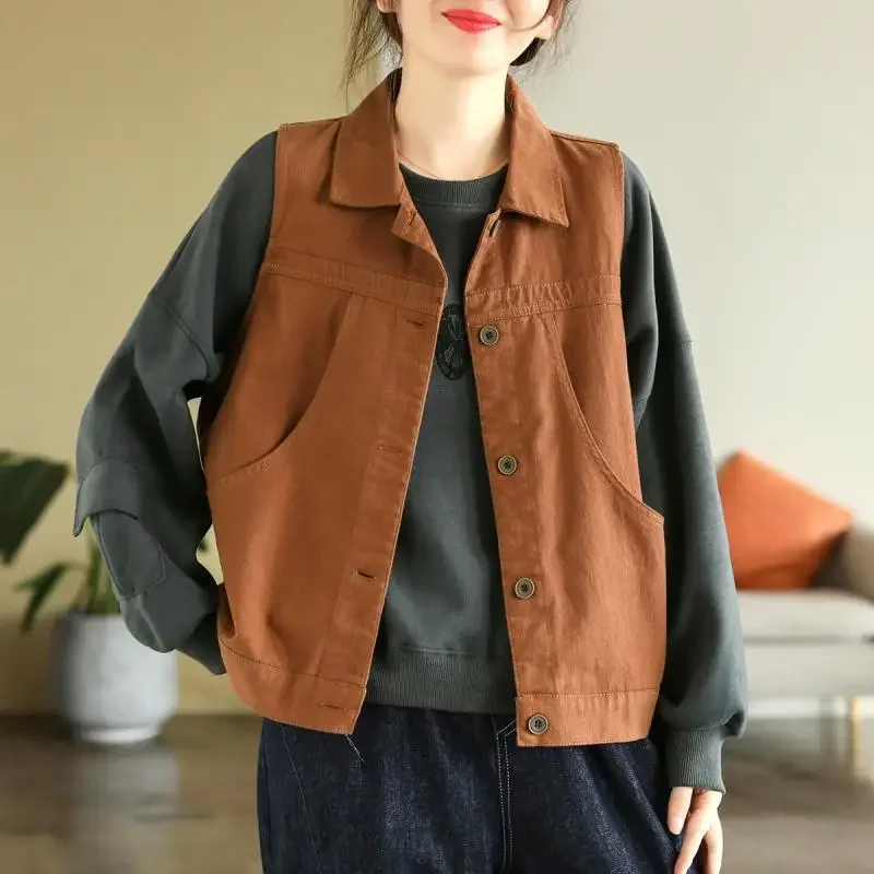 

Vintage Sleeveless Vest Jacket Women Spring Autumn Waistcoat Cardigan Solid Casual Layered Jacket Loose Single-breasted Pockets