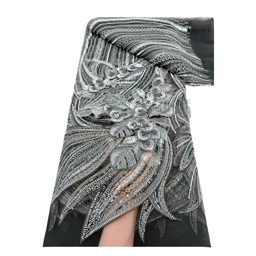 

Africa 2025 Beaded 3D lace lace fabric sequined beaded high quality Helian bridal tulle embroidered wedding party dress sewn