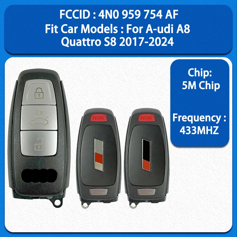 

Оригинальный 4-кнопочный смарт-ключ дистанционного управления CN008196, чип 5M, 434 МГц, бесключевой доступ, для Audi A8 Quattro S8 2017-2021, FCC 4N0 959 754 AF