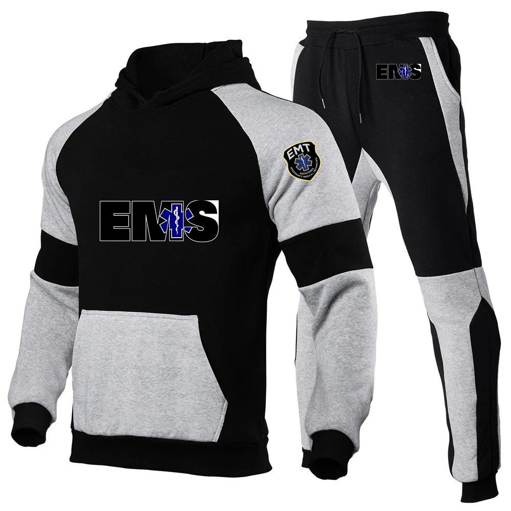 

2026 EMT Emergency Ambulance EMS Print Spring And Autumn Men's New Fashion Splicing Color Cotton Hoodies Sweatpant Suit