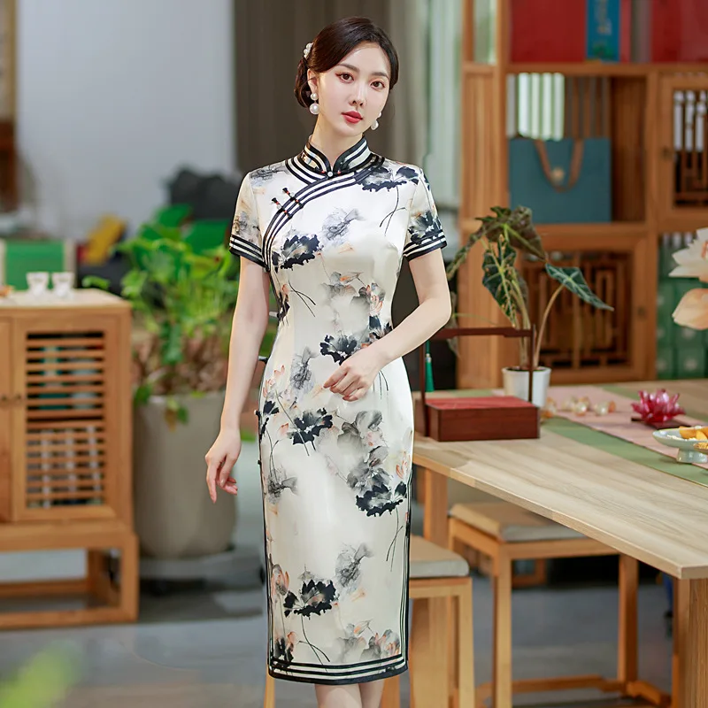 

Improved High-End High Quality Real Silk Cheongsam Qipao 2024 New Daily Elegant Dress Women's Mid-Length