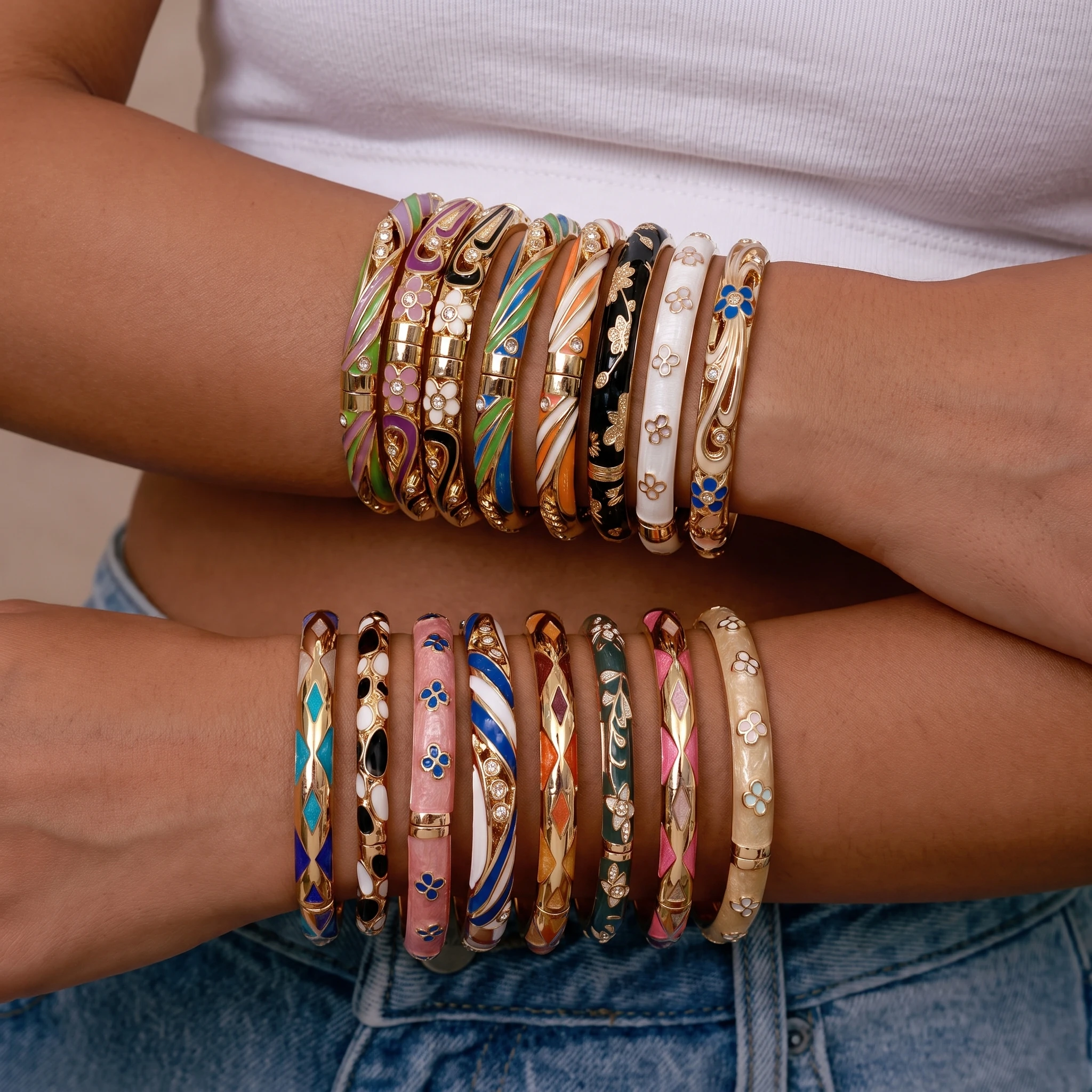 Retro Enamel Floral Line Bracelet for Women Colorful Sparkly Rhinestone Flower Spring Bangle Party Statement Jewelry Gift
