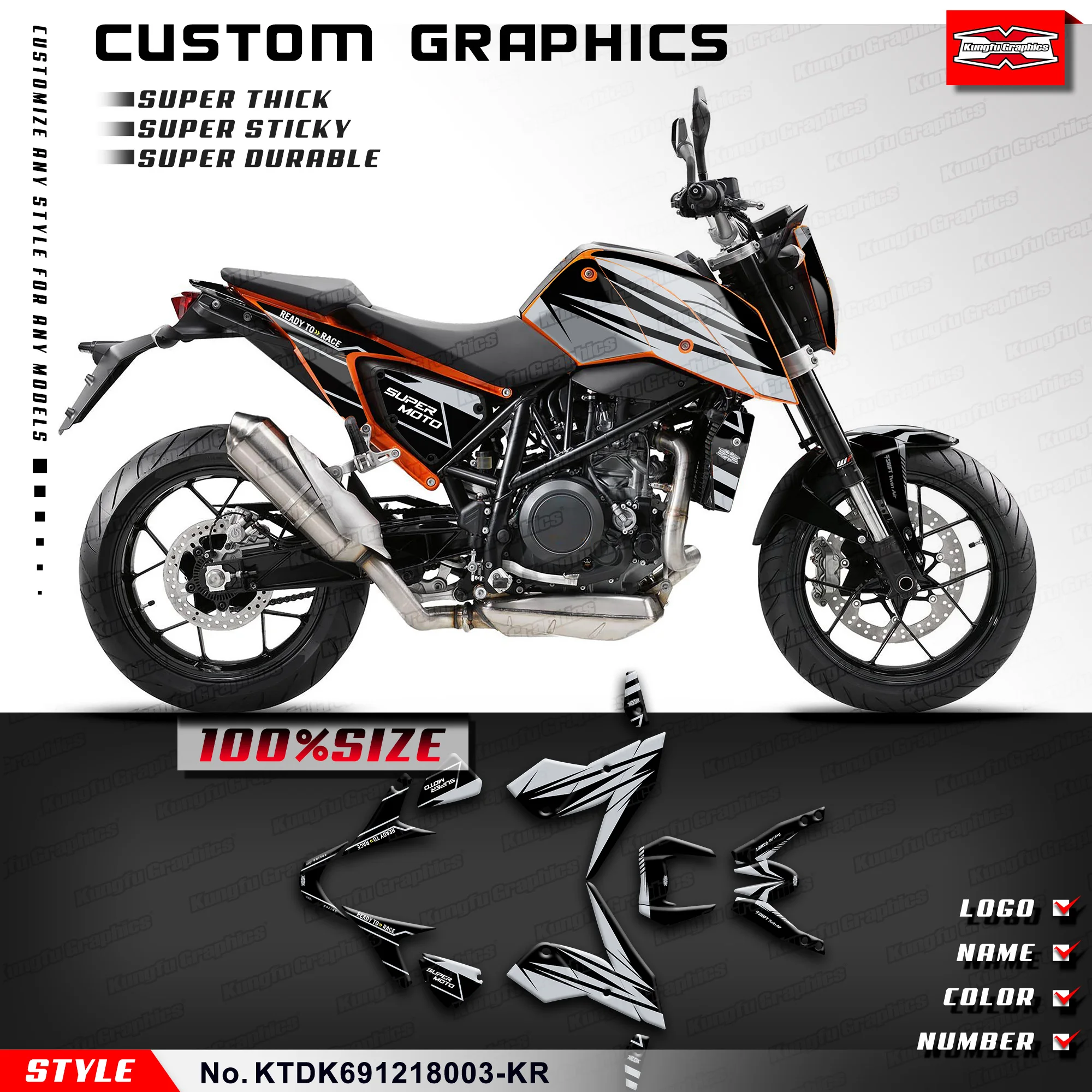 KUNGFU GRAPHICS Sticker Grey Wrap Kit for Duke 690 2012 2013 2014 2015 2016 2017 2018, KTDK691218003-KR