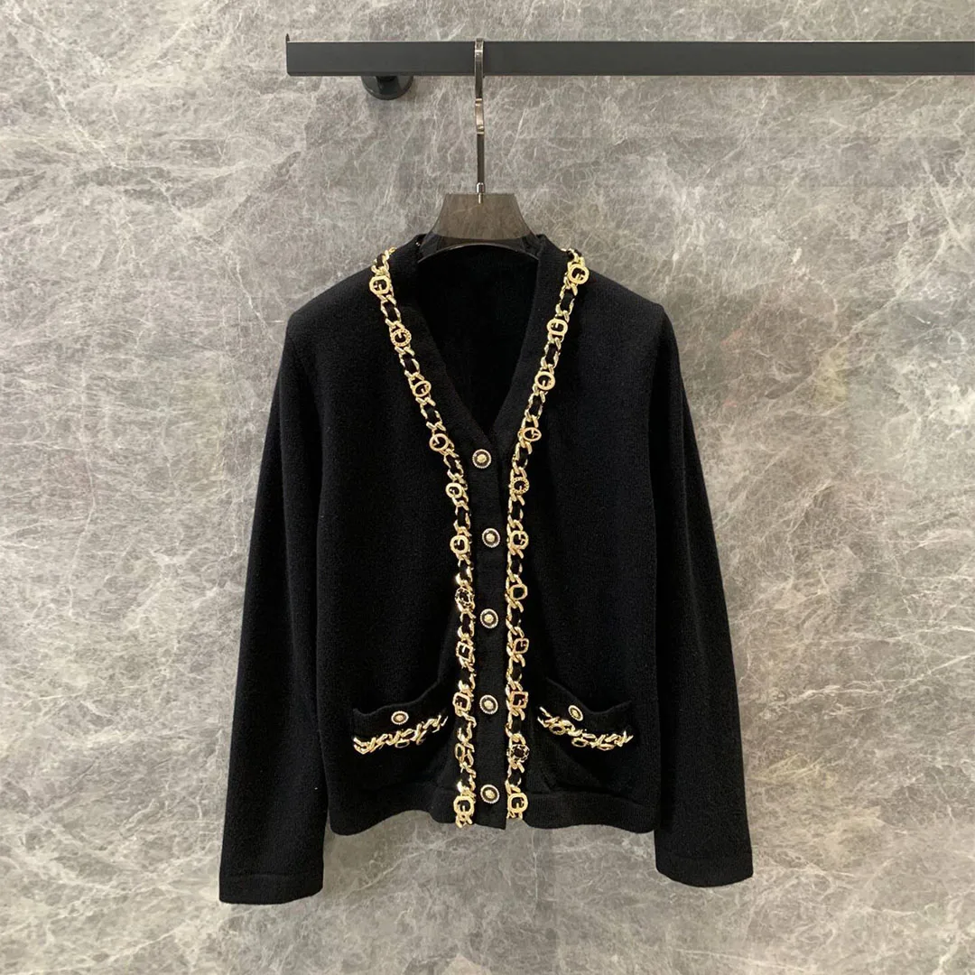 Top Quality Luxury Gold Metal Chains 100% Cashmere Cardigan Sweater Women V-neck Long Sleeve Buttons Vintage Knit Sweater Coat