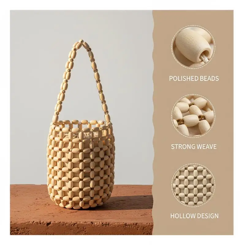 Handmade Wooden Bead Woven Bucket Bag Creative Vintage Handbag Fashion Portable Purse for Ladies Summer Shopping