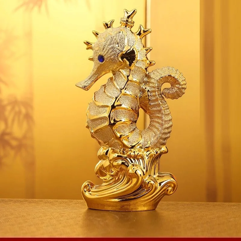 

32cm Jingdezhen ceramic sealed empty wine bottle frosted golden seahorse creative wine jar pot home wine decoration ornament