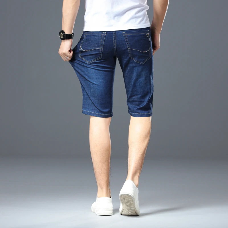 

Summer Slim Fit Straight Leg Short Jeans Men's Lightweight Stretch Denim Casual Five-Quarter Pants mid Waist Zipper Fly