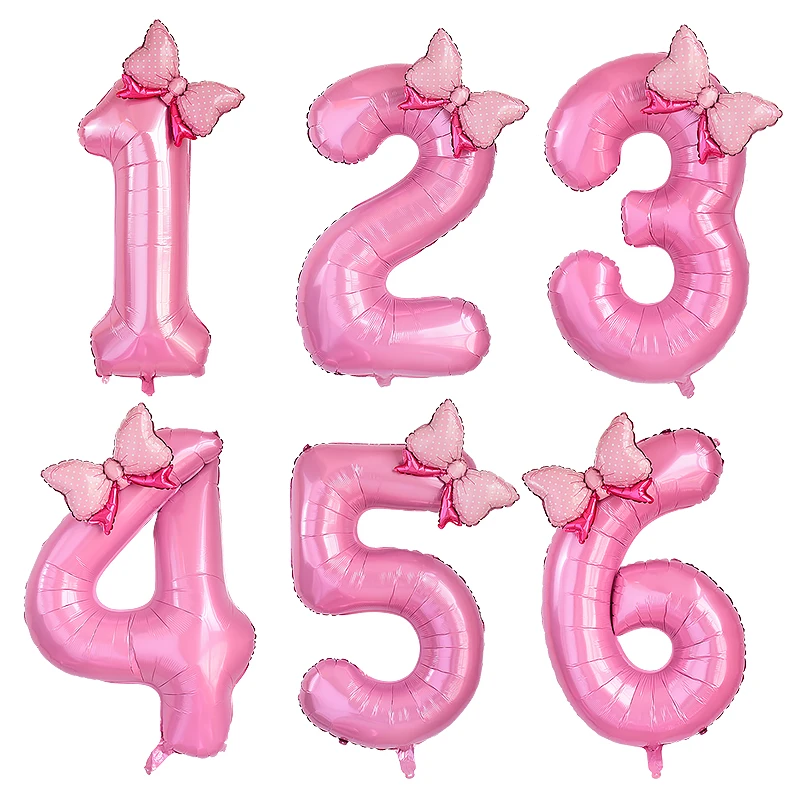 Großer 40-Zoll-Zahlen-Rosa-Folienballon mit Schleife 1–9 digitale Luftballons für Kinder, Jungen und Mädchen, Geburtstagsfeier, Babyparty-Dekorationen