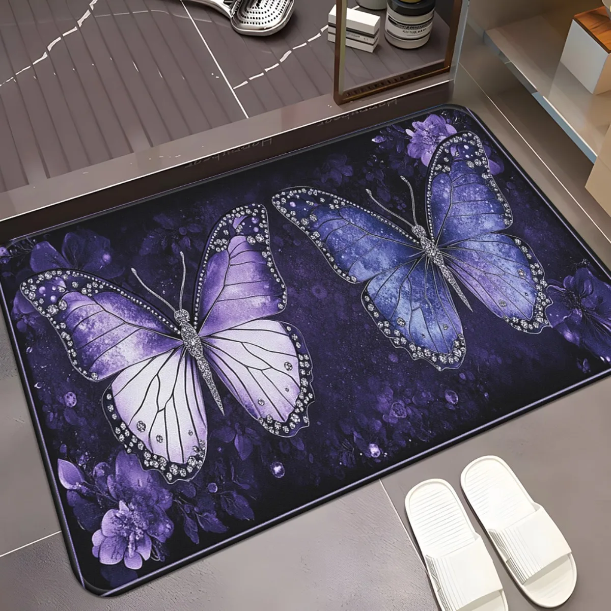 

Purple Butterfly Floral Door Mat Elegant HomeDecor Entrance Rug Anti Slip Floor Beautiful Nature Inspired Welcome Indoor Outdoor