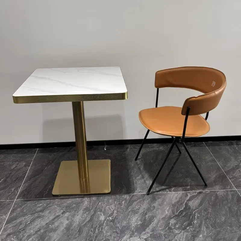 Exquisite Gold - Based 2 People Square Table White Marble - Effect Surface Fit for Premium Cafes & Diners