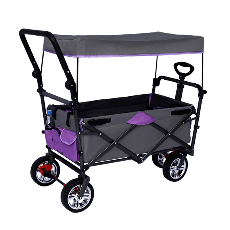 KINDE Folding Trolley Handcart for Children Garden Wagon Multi-purpose Wagon Steel Frame 2 Layer Oxford Cloth With Canopy 80KG