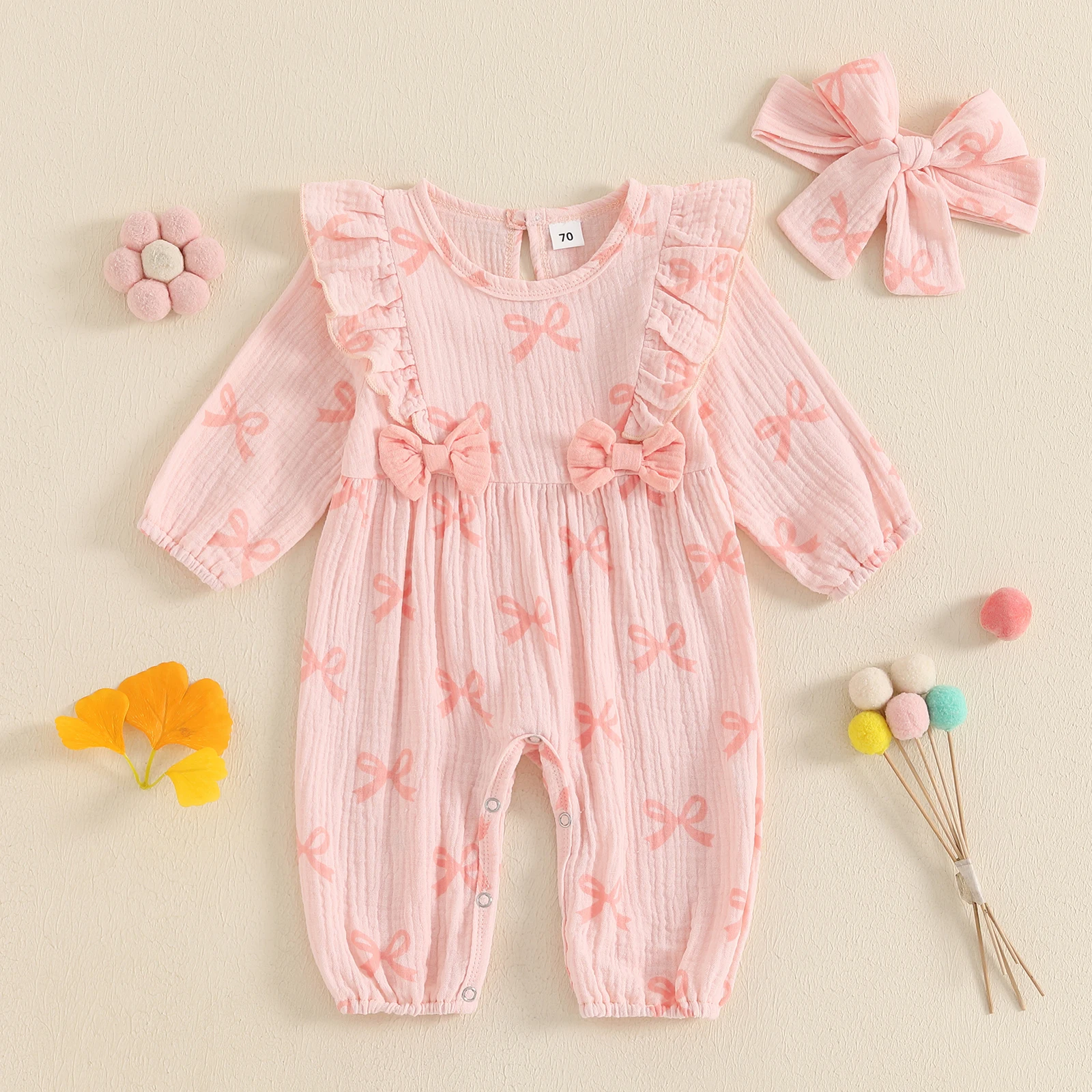 

Baby Girl 2Pcs Fall Outfits Long Sleeve Bow Print Ruffle Jumpsuit with Headband Set Newborn Clothes