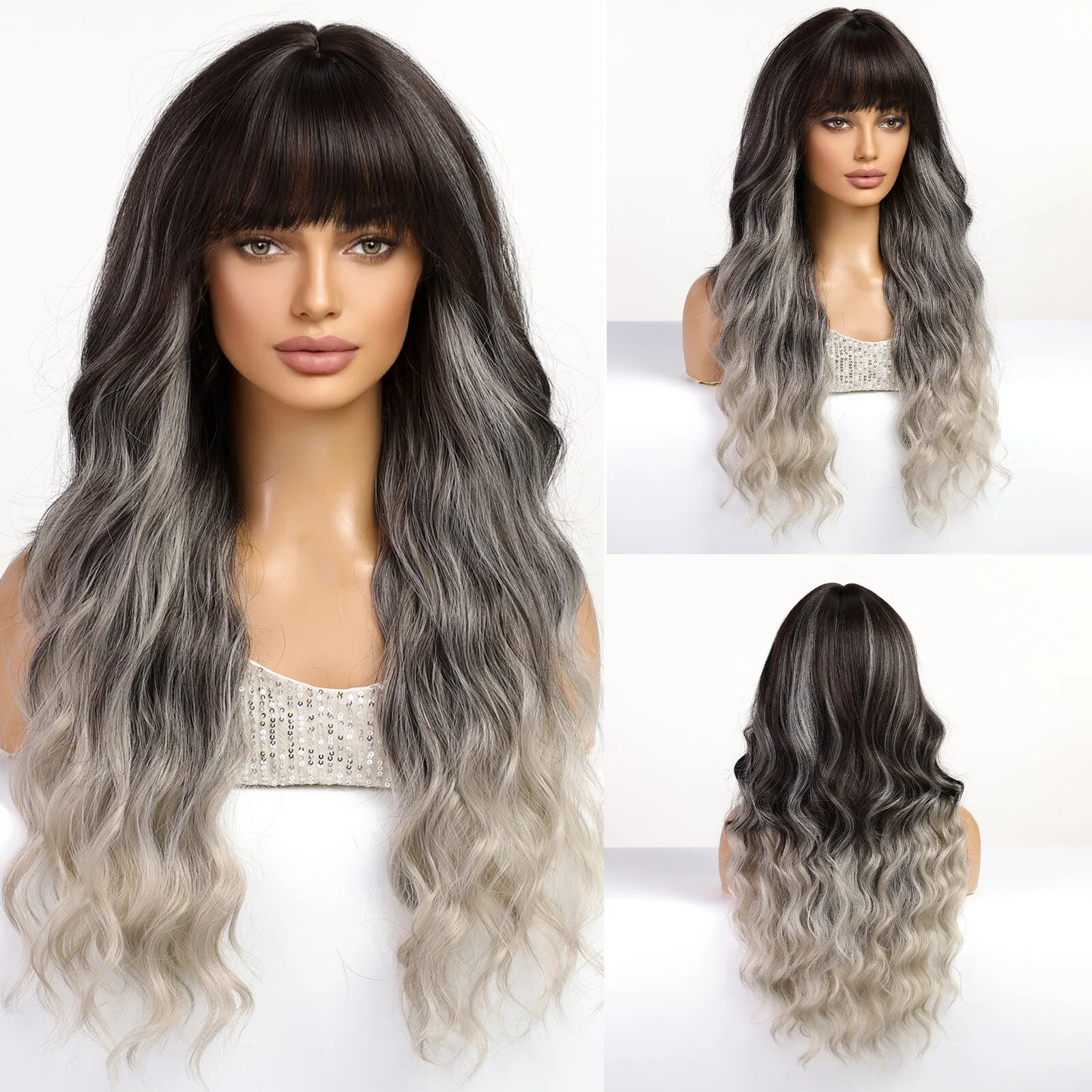 

26 Inches Long Wavy Wig with Bangs Black wigs with Gray Mixed Fashion Party Wigs
