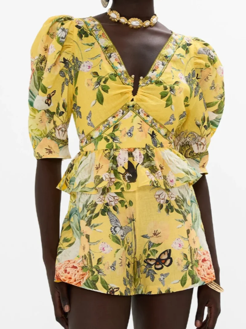 100% Linen Women Yellow Floral Print Set Puff Sleeve Beaded V-Neck Ruffles Stitching Blouse or High Waist Shorts Elegant Suit