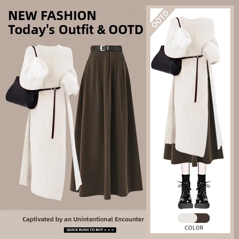 

Autumn Winter Long Sweater Skirt Set Women's Casual High-End Feelings Two-Piece Set Ele Faionable Student Work orm