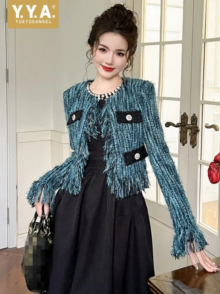 

Элегантный приталенный твидовый жакет для офиса, весенний, с круглым вырезом, длинными рукавами, с бахромой, дизайнерский винтажный кардиган, короткое пальто