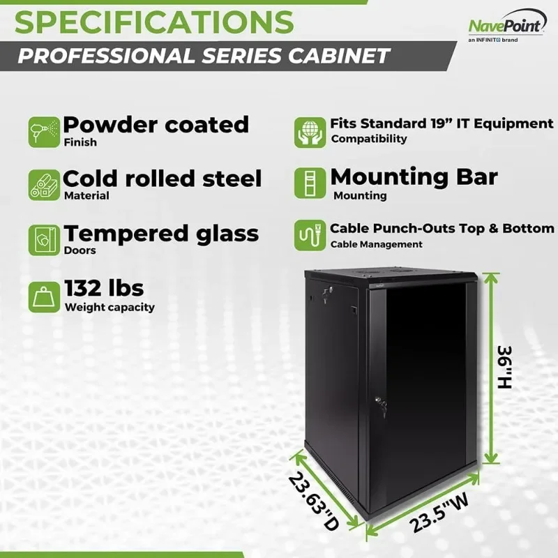 Gabinete de montagem em parede 18U Deluxe IT Rack de rede de servidor de 19 polegadas com porta de vidro com travamento 24 polegadas de profundidade preto