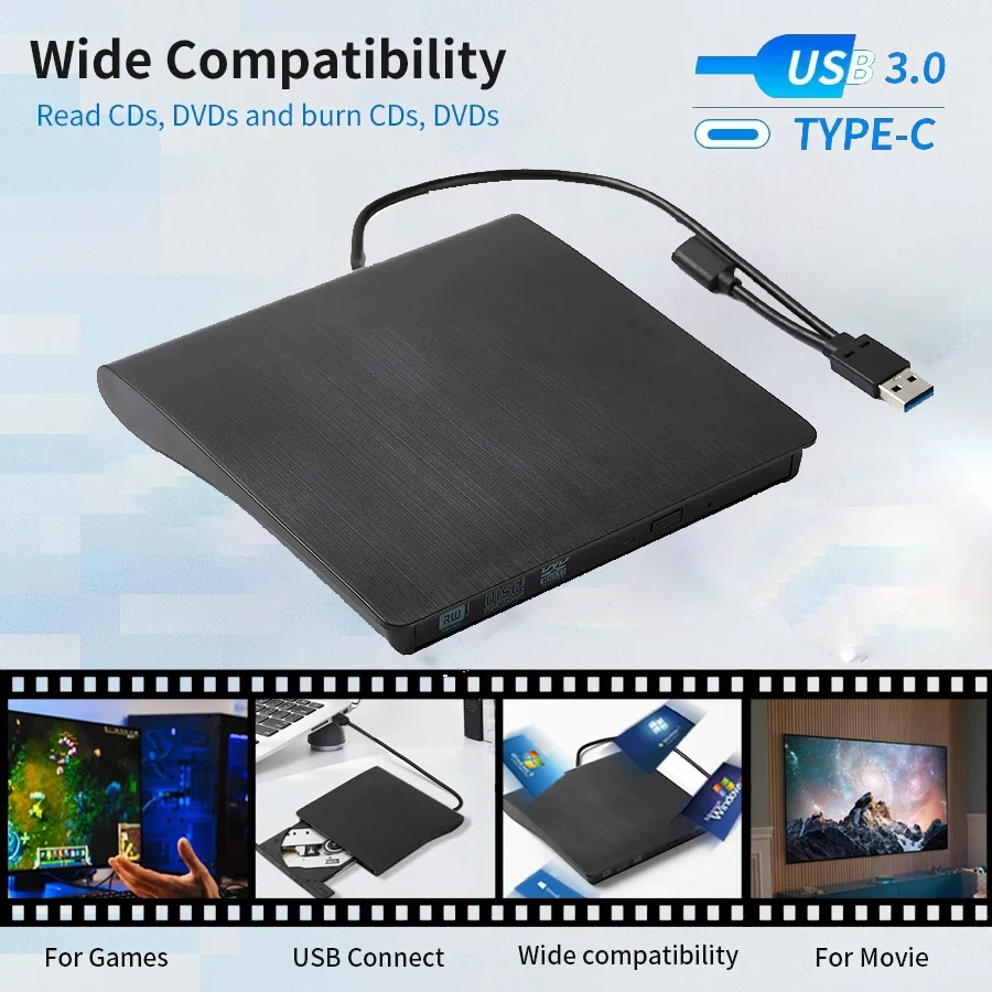 USB 3.0 Type-C DVD Burner 2-in-1 Slim External Recorder Portable CD-RW DVD-ROM Optical Drives Writer Reader Player For PC Laptop