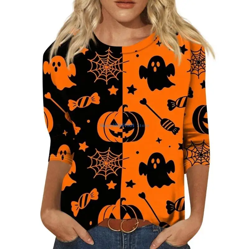 N7YF Halloween Shirts for Women Fall Halloween Funny Graphic 3/4 Sleeve Tops Crewneck Vintage Castle Horror Tees