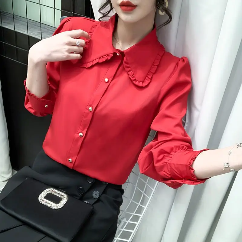 Office Lady Solid Color All-match Blouse Spring Autumn New Long Sleeve Polo Neck Youth Shirt Tops Fashion Elegant Women Clothing