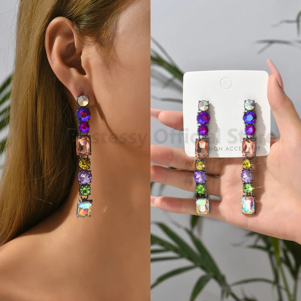 Colorful Glass Geometric Square Long Drop Earrings For Women Luxury Trendy Shiny Crystal Y2K Jewelry Girl Party Gift Ear Pendant