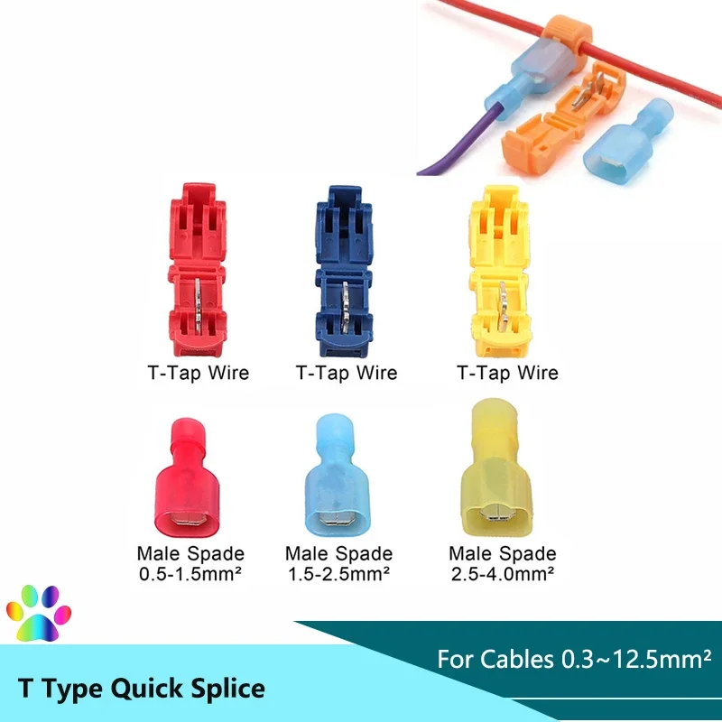 

5~50 Sets T Shape Quick Splice Electrical Wire Connectors Crimp Terminals Block Lock For Sq 0.5-4mm 22-17AWG/15-13AWG/13-10AWG