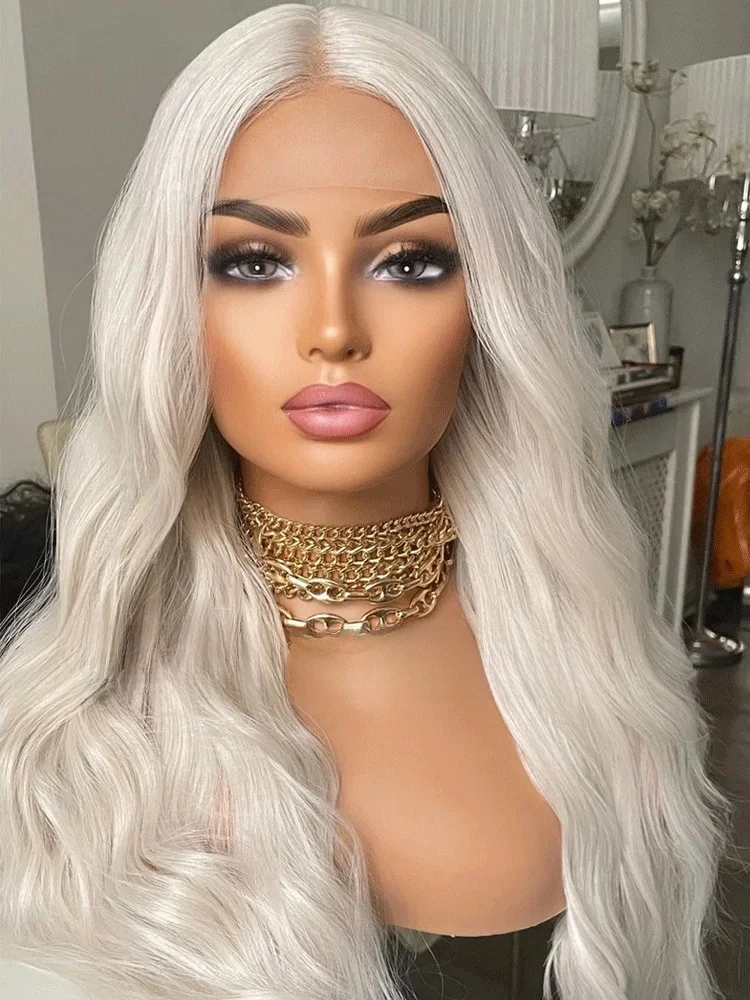 Blonde Platinum Synthetic Lace Wig Wavy Lace Front Heat Resistant Synthetic Wig 13x4 Ash White Lace Wig With Mid For Women Daily