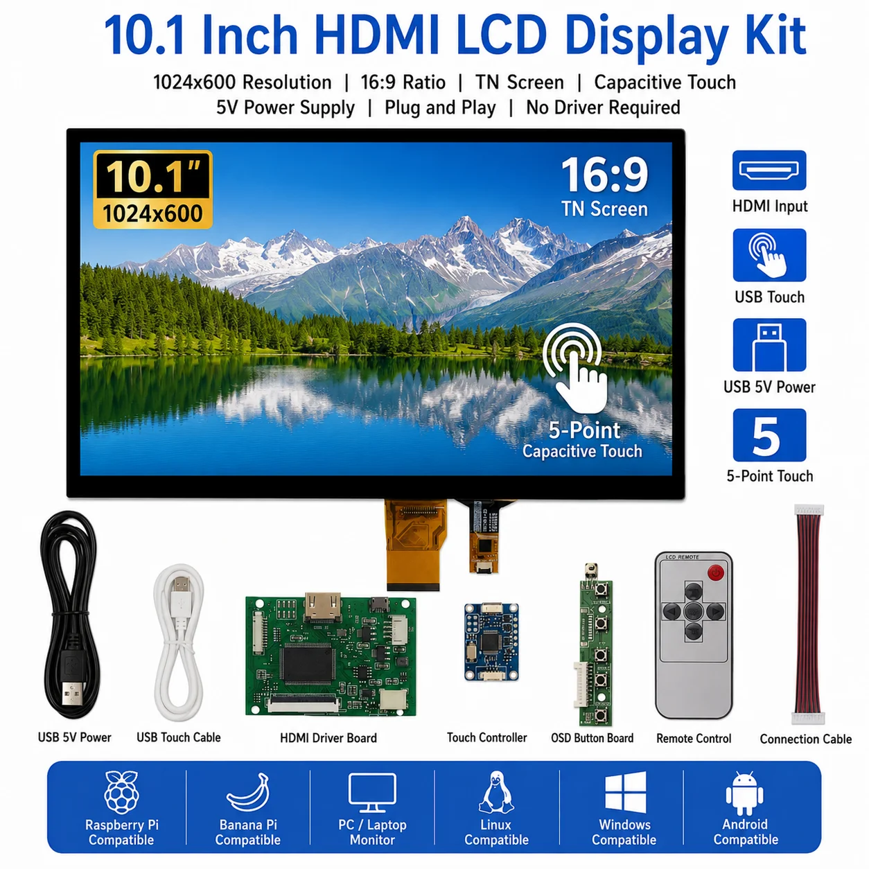 

10.1 Inch 1024*600 Screen Display LCD Monitor HDMI Driver Control Board Capacitive Touch screen For Raspberry Pi Banana Pi PC