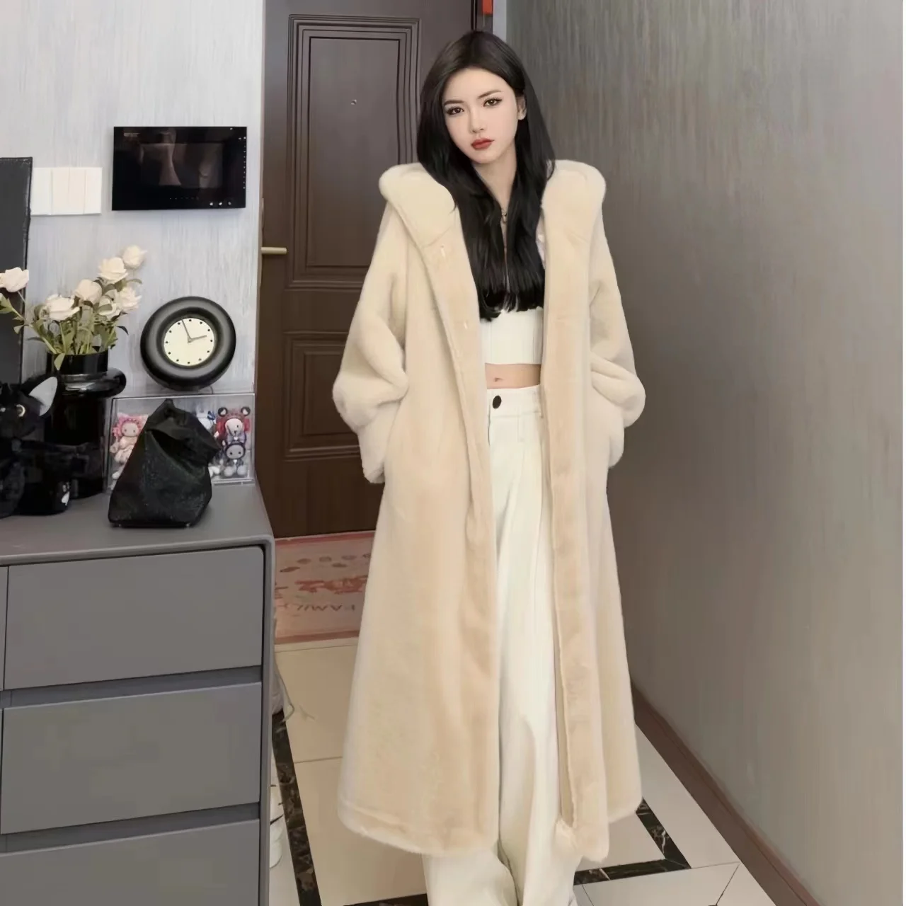 Single Breasted Faux Mink Fur Coat for Women,Hooded Long Jacket,Thick Warm Clothes,England Style,Autumn and Winter, 2024