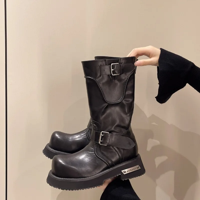 

Мотоциклетные ботинки в стиле ретро 2025 года. Женские ботинки. Мотоциклетные ботинки с пряжкой на ремне и средней трубкой.