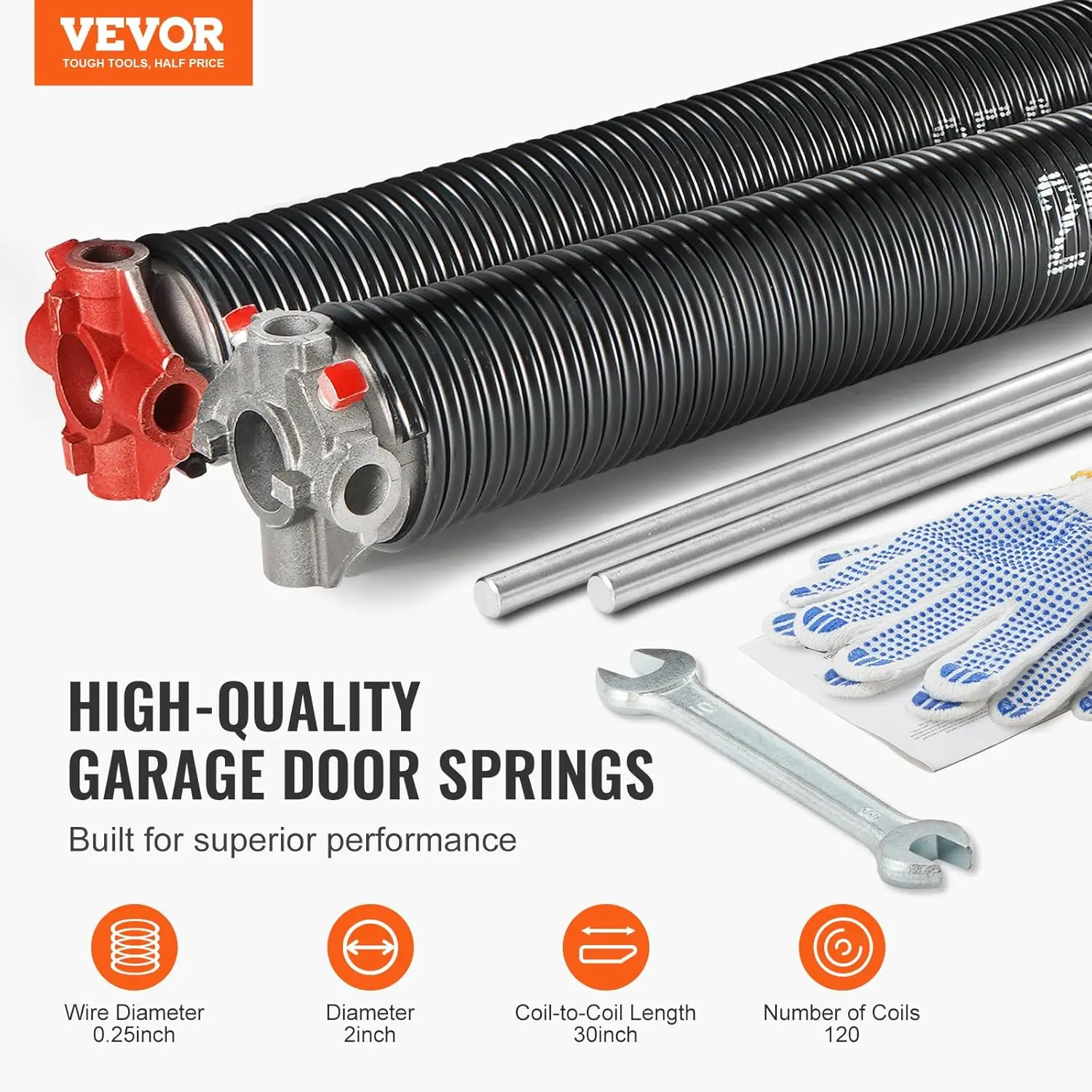 Garage Door Torsion Springs, 16000 Cycles, Pair of 0.25 x 2 x 30inch, Garage Door Springs with Non-Slip Winding Bars