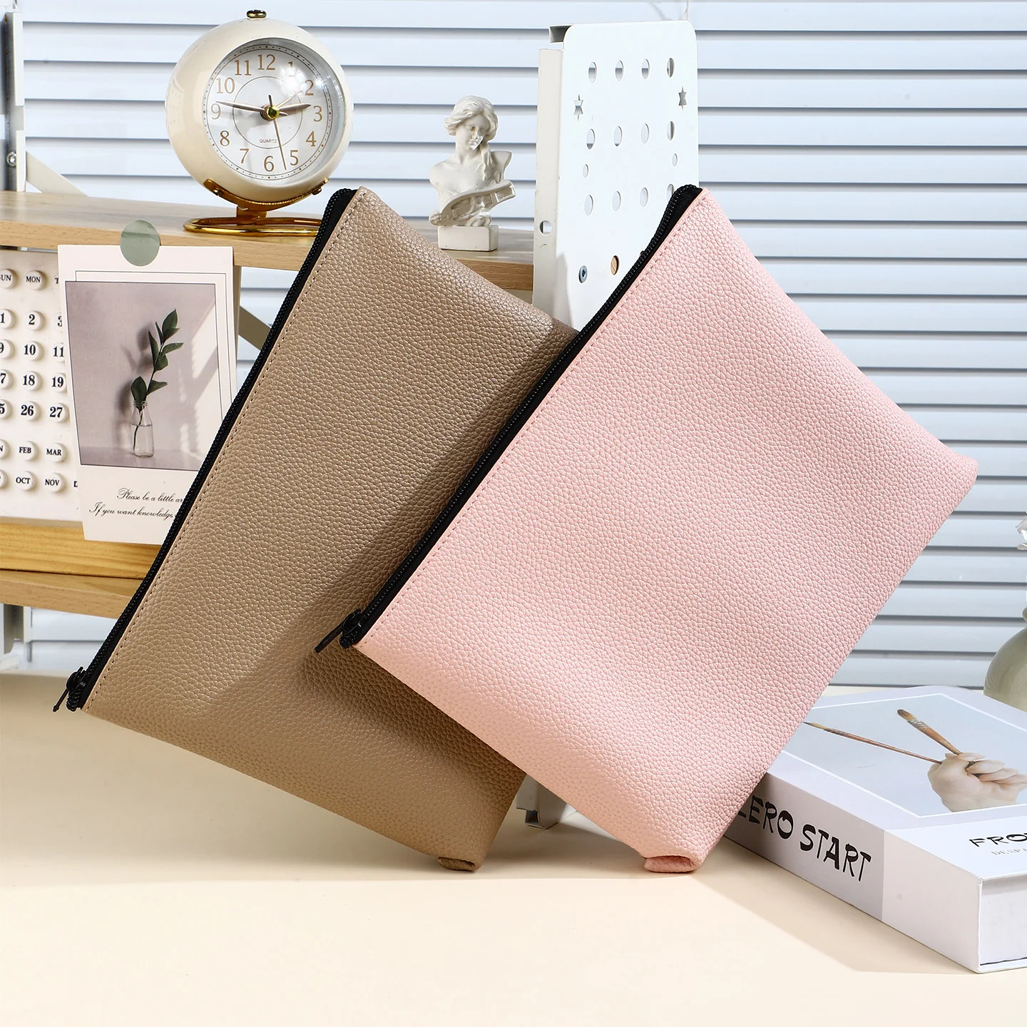 Bolsa de arquivo de couro com zíper único, tamanho 25cm × 20,5cm, organizador para dentro da bolsa de maquiagem grande, organizar cosméticos, bolsa feminina/viagem