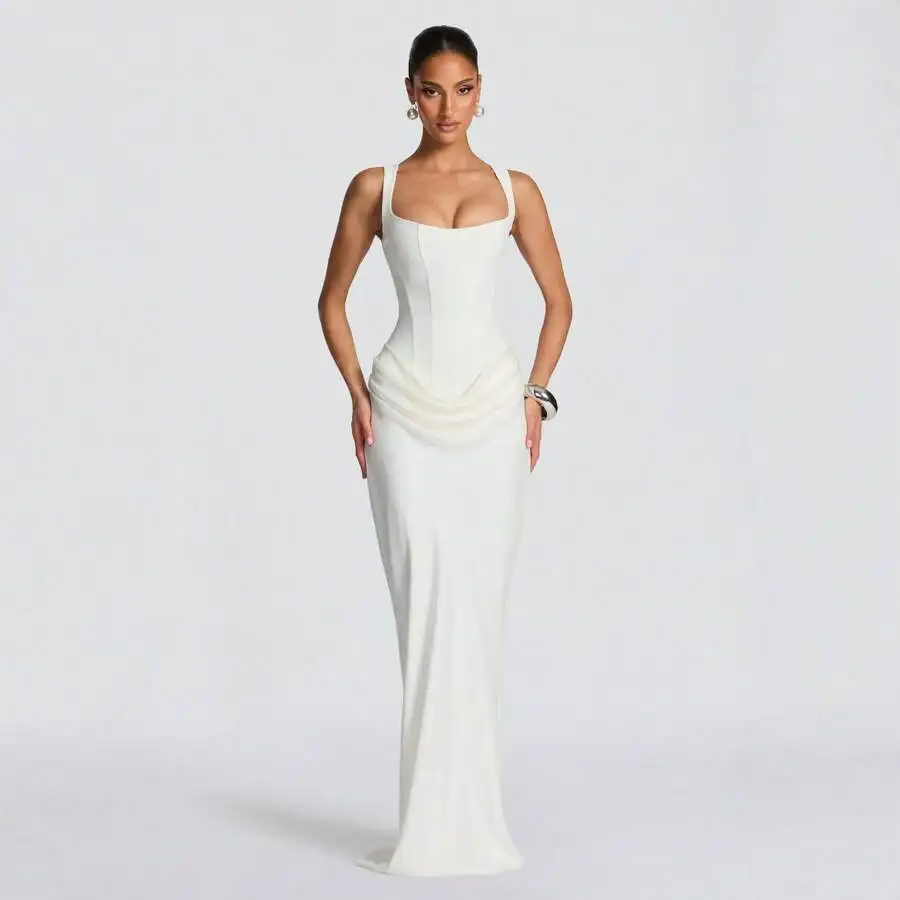 

Elegant Solid Color Slim Fit Waist Cinching Pleated Bodycon Strap Dress