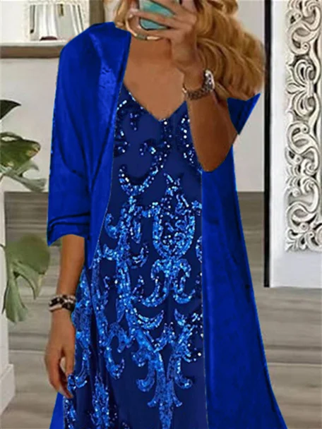 Nyfairy-Vestido Maxi Flowy Manga Longa Feminina, Plus Size, Decote V, Azul, Padrão de Impressão Gradiente, Terno 2 pcs