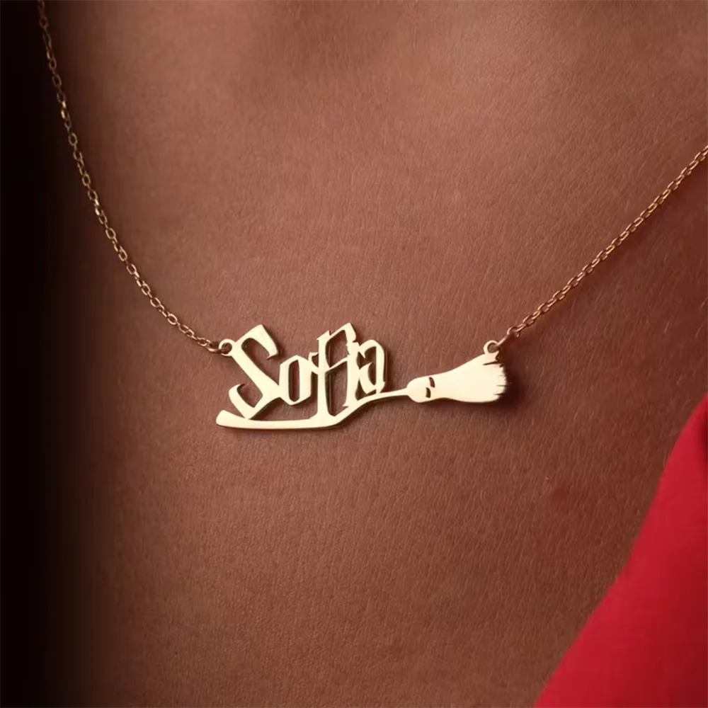 Custom Witch Broom Name Necklace Personalized Gothic Font Name Pendant Stainless Steel Customized Magic Jewelry Halloween Gift