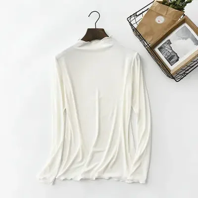 2025 الربيع والخريف مشروط شبه الياقة المدورة أسفل قميص المرأة طويلة الأكمام قناع تي شيرت الفطريات حافة رقيقة بلون علوي