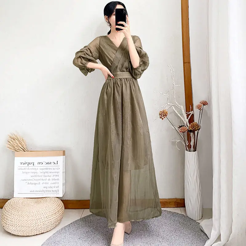 2024 Spring/Summer New Women's Solid Color Over Knee Dress Simple and Slim Fit Showcasing Slender Temperament Mesh Long Dress