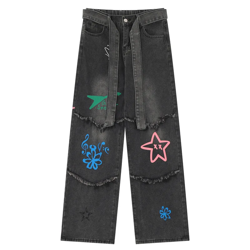 

Fashion High Street Oversized Hip Hop Jeans Pants Streetwear Printed Denim Trousers Vibe Style Y2K Bottoms Loose Fit