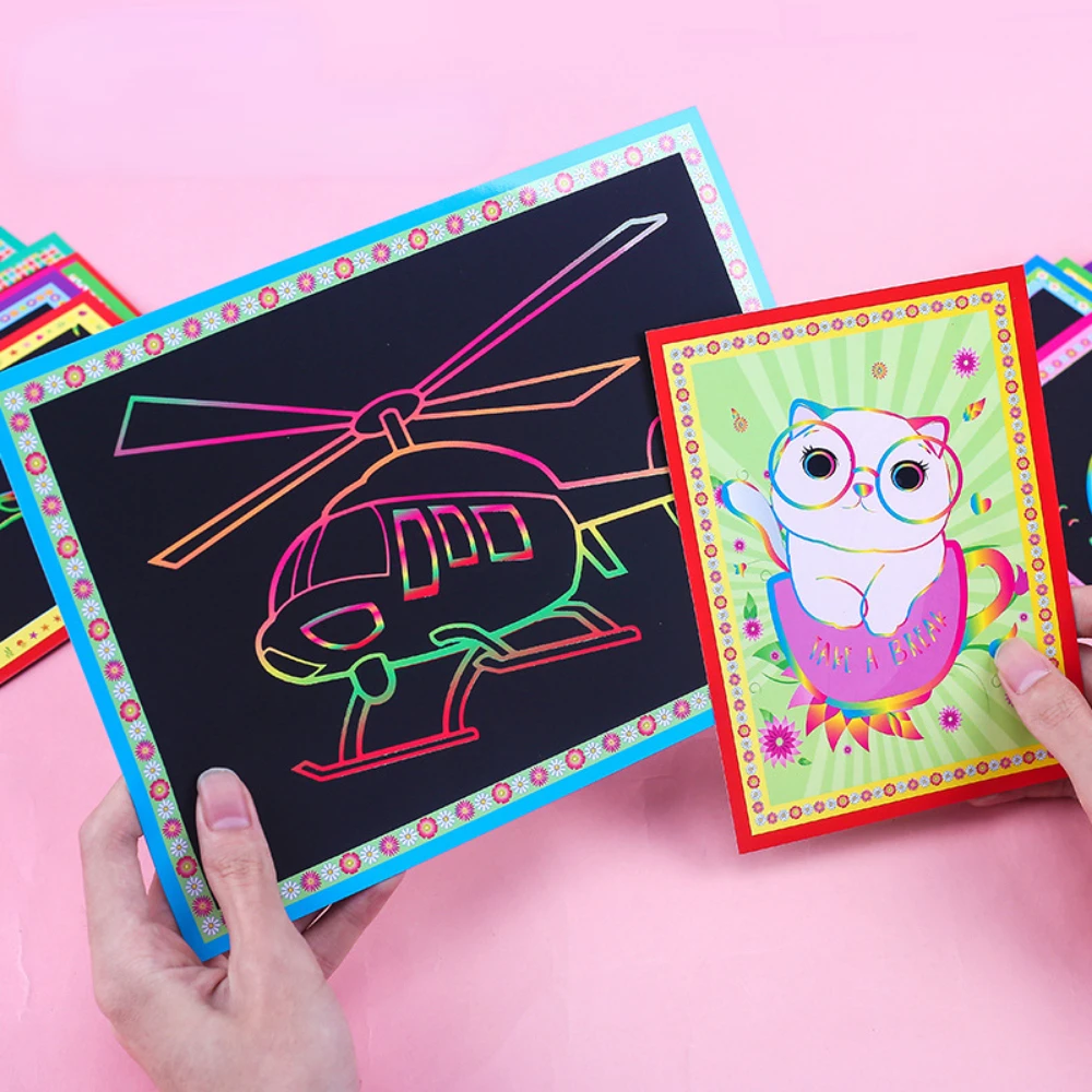 Papel artístico para rascar, papel de pintura mágica con palo de dibujo, juguetes de dibujo, juguetes educativos de aprendizaje para niños, regalos, 10 Uds.
