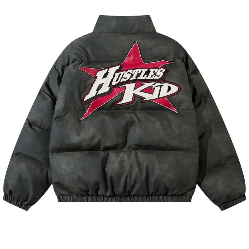 Winter Leather Jackets Y2K Embroidered Star Thick Warm Padded Coats Parkas Vintage Hip Hop Casual Waterproof Windbreaker Jacket