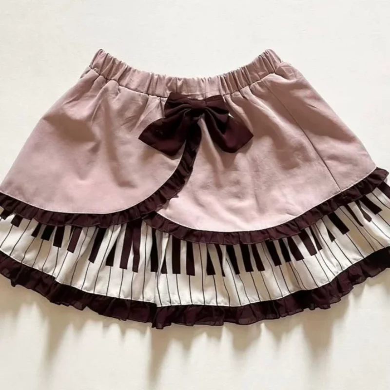 2025 Women's Sweet Piano Print Lolita Skirt - Pink A-Line Mini Skirt with Bow & Ruffle Trim, Cute  Streetwear for Spring Summer