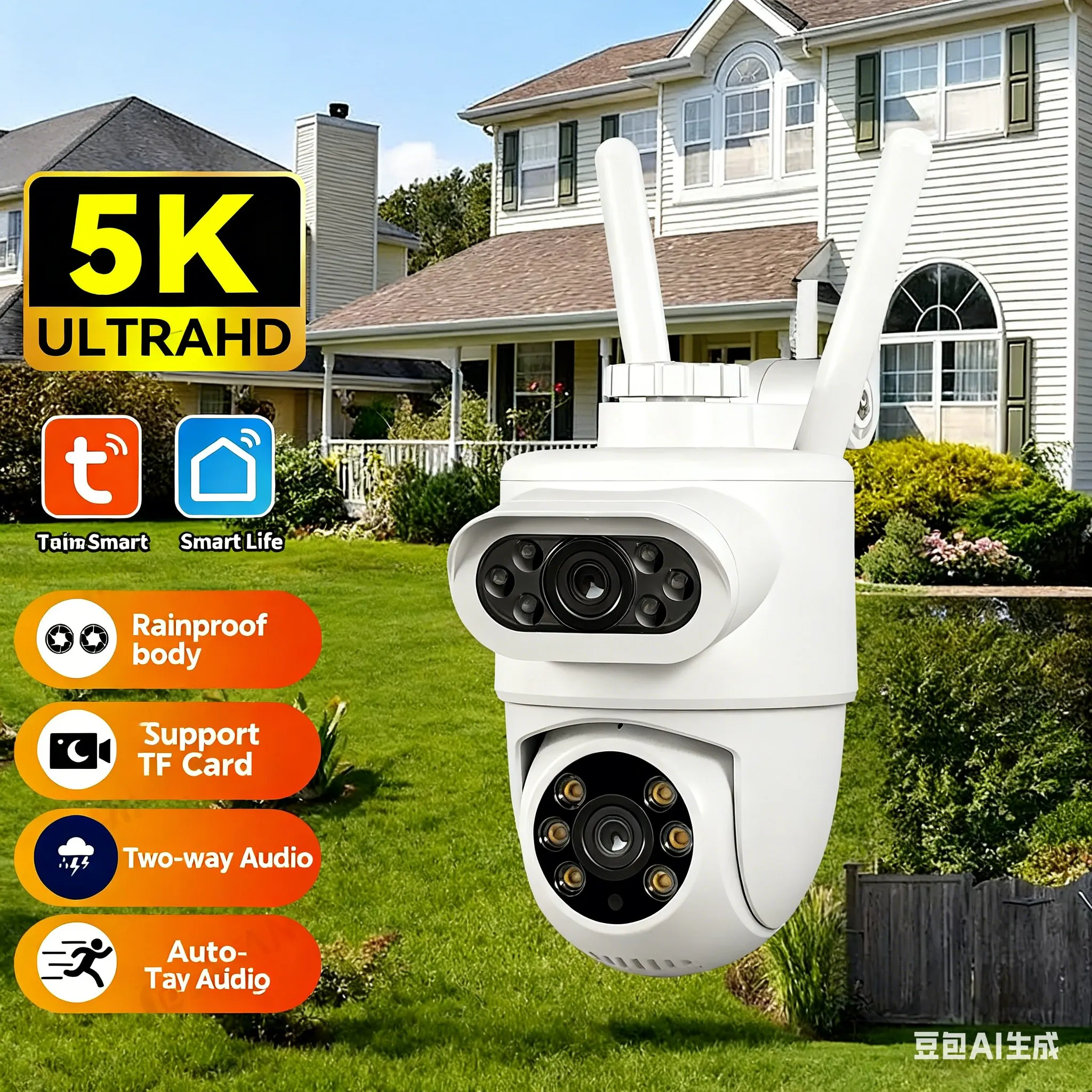 Tuya 5K 10MP Outdoor Security Camera, Dual Lens PTZ Auto Tracking, WiFi 24/7 Record, Works with Alexa Google Assistant