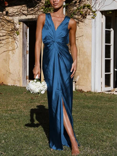 2025 moda de verano nuevo vestido elegante estilo de desplazamiento Sexy escote en V profundo sin mangas espalda descubierta doblado vestido largo de vacaciones