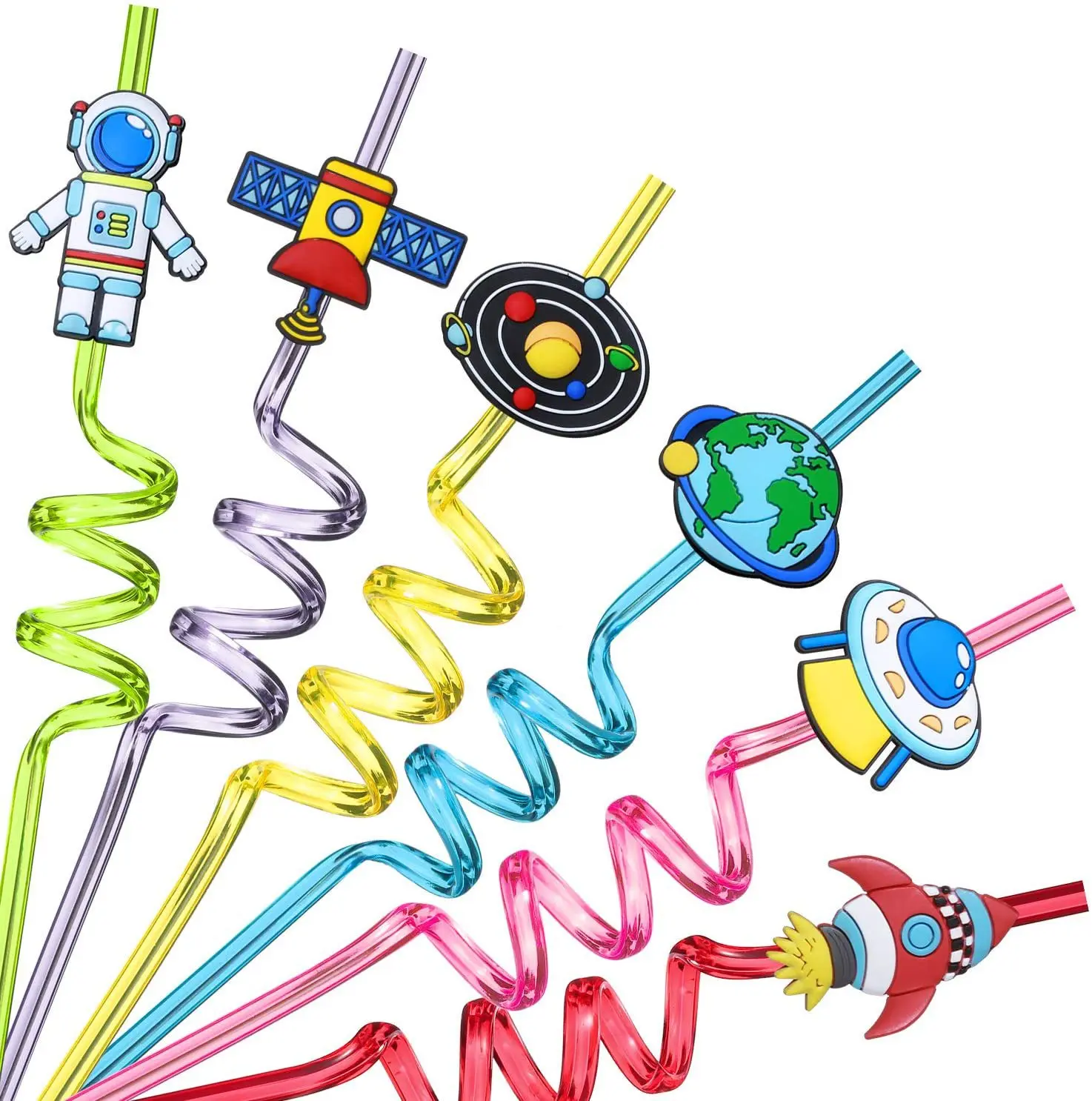 재사용 가능한 우주 로켓 우주 비행사 빨대, 플라스틱 마시는 빨대, 어린이 우주 생일 파티 장식 용품, 8 개