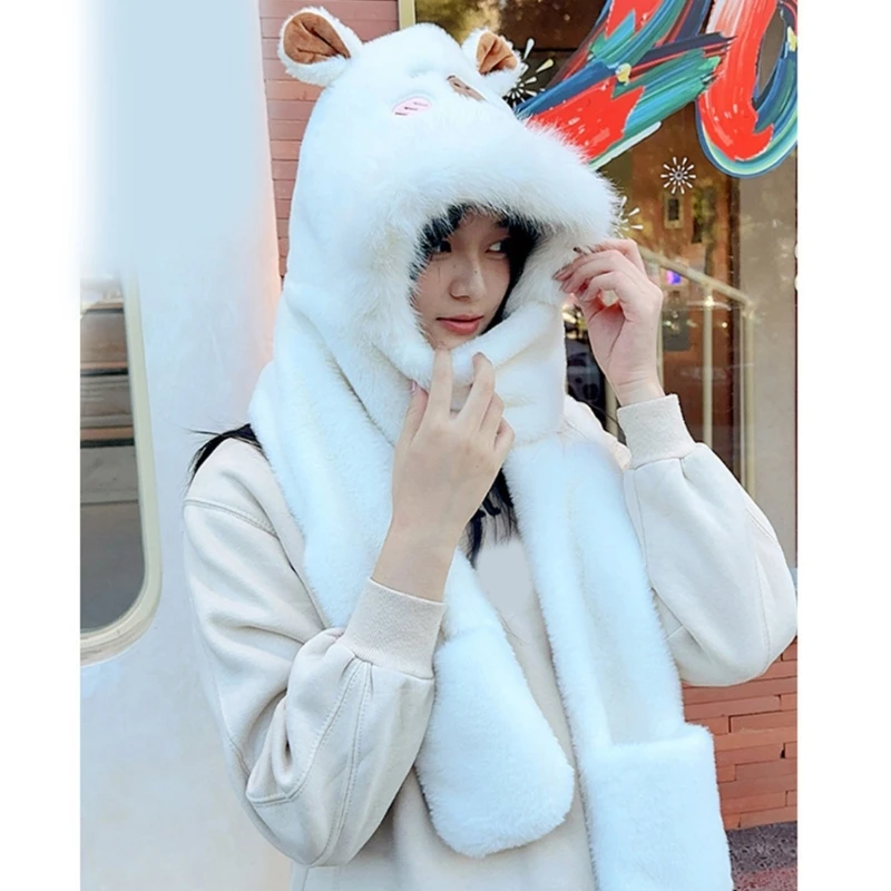 Bear Ear Plush Scarf Gloves Hat for Cold Weather Earflap Hat for Student Girl Outdoor Winter Activity Ear Protective Dropship image 3